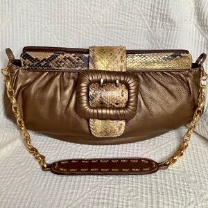 BE & D Bronze Luxury Leather Clutch Shoulder Bag Python Snakeskin Gold Accents